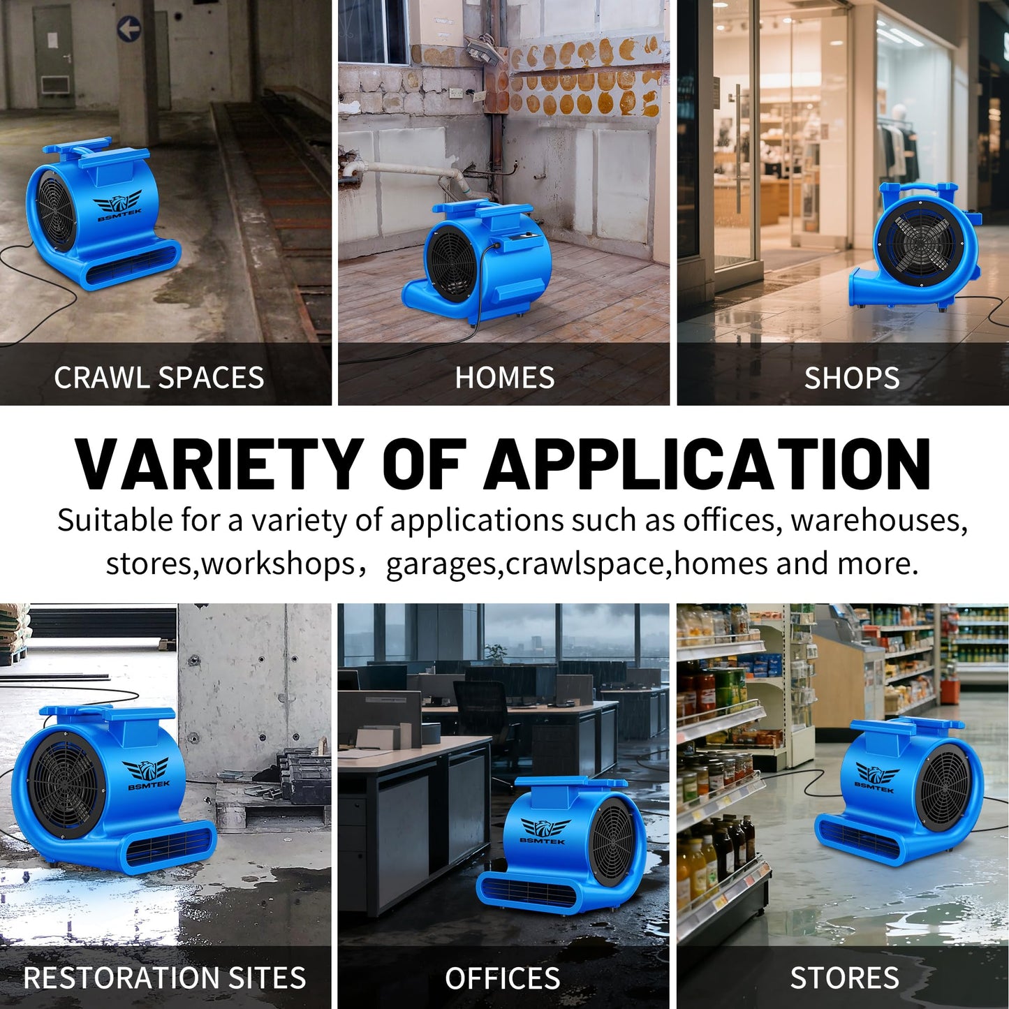 BSMTEK Air Mover Blower Fan, Industrial 1.5HP MAX10000CFM Monster Floor Blower Carpet Dryers - 3 Speeds, 4 Adjustable Angles, 15FT Long Cord, Stackable Blue- 2026 Upgraded