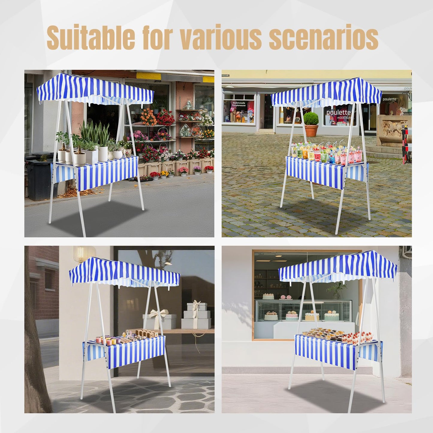 WEWLINE White Portable Display Stand for Party Decor, Birthday, Wedding, Celebrations, Commercial Events, Foldable Vendor Stall, Metal Drink & Gift Holder with Waterproof Canopy, Indoor and Outdoor
