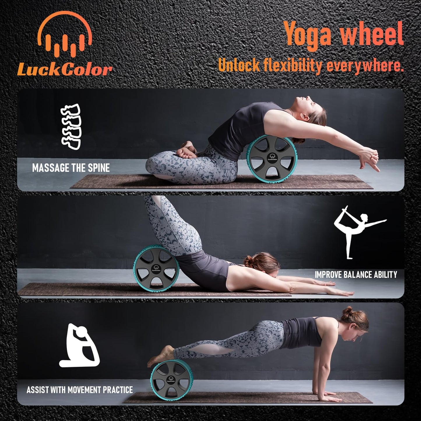 Back Roller, Back Wheel Targeted Back Pain Relief, Yoga Wheel Muscle Massage, Foam Roller for Trigger Point Therapy Physical, Stretching & Exercise, 880lbs Capacity, 10 Inch (Acid Blue+Grey)