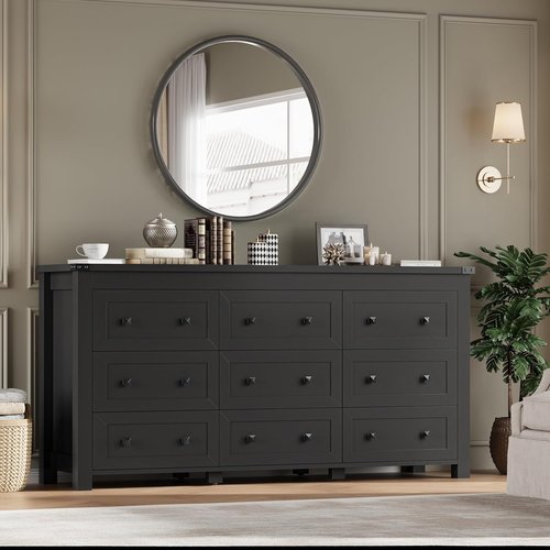 BORNOON 9-Drawer Dresser - Modern Wooden Storage Chest with Metal Handles for Bedroom & Living Room
