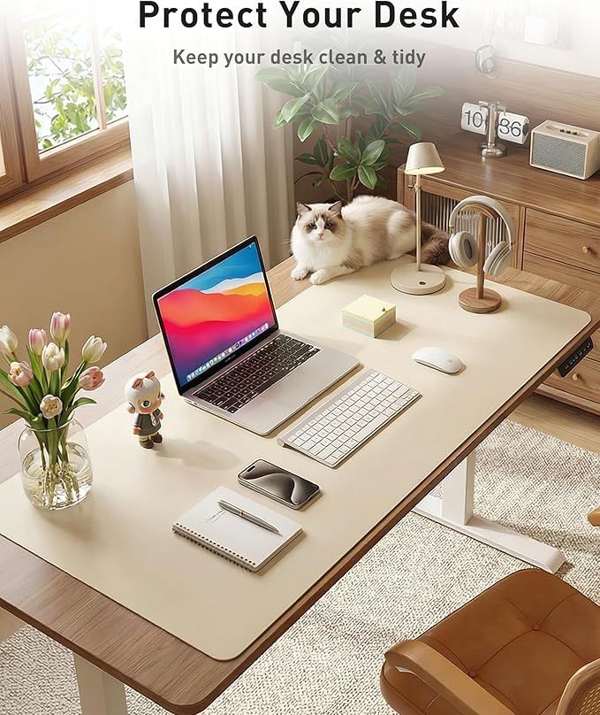 Aothia Faux Leather Desk Mat - Large Mouse Pad, Non-Slip PU Leather Blotter, Waterproof Writing Surface for Office and Home (Beige, 40" x 24")