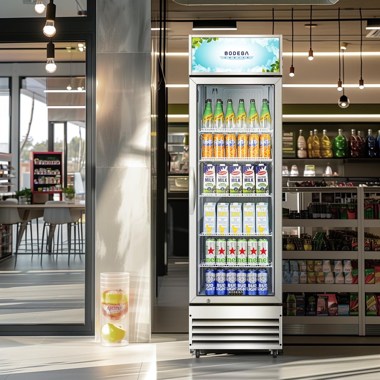 BODEGACOOLER Commercial Merchandiser Refrigerator, 12.5 Cu.Ft Glass Door Display Cooler, Upright Beverage Refrigerator with Soft LED Light, Adjustable Shelves, 4 Heavy-Duty Stainless Steel Casters