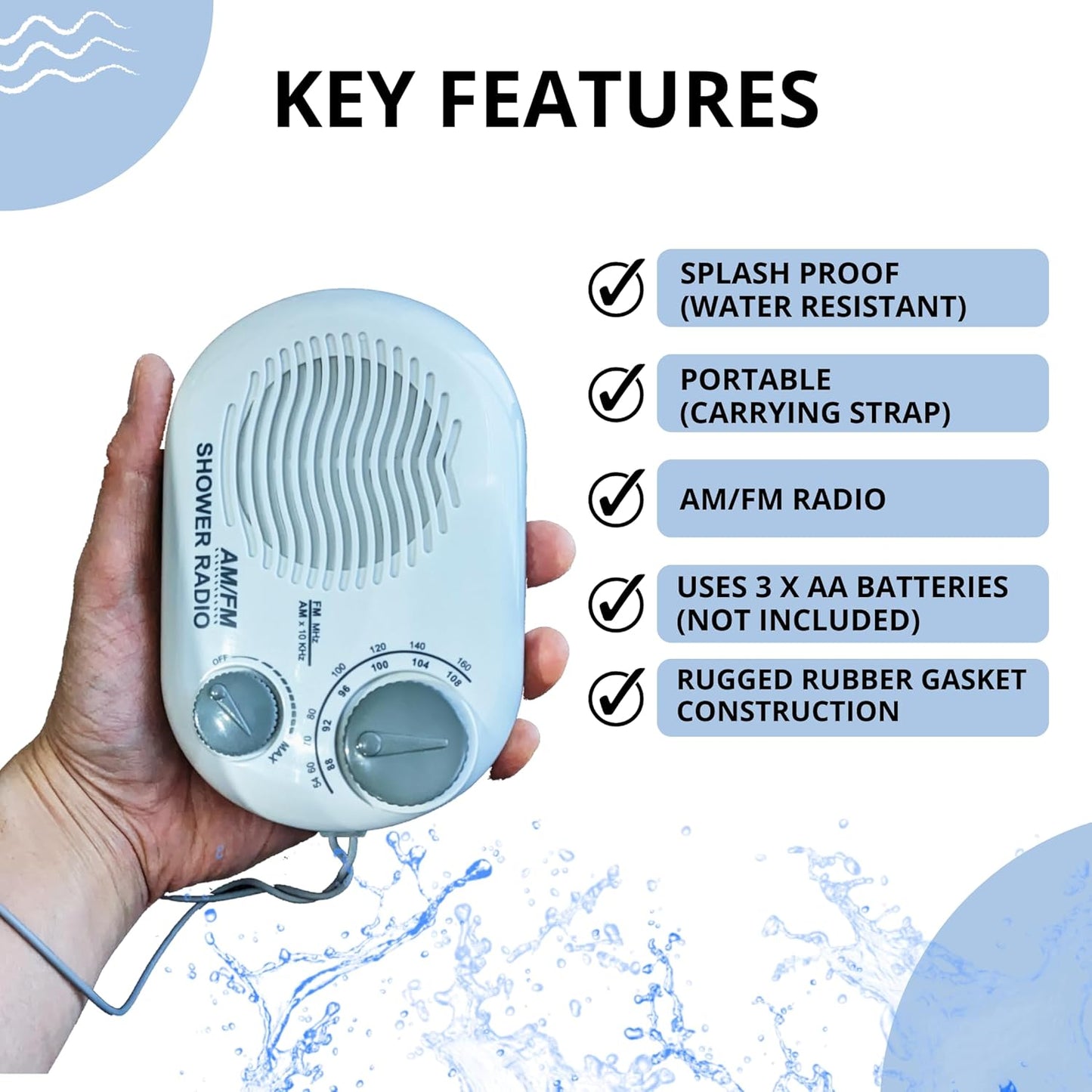 Shower Radio - Includes Carrying or Hanging Strap. Portable Design Perfect for Bathroom, Kitchen, and Outdoor. Built