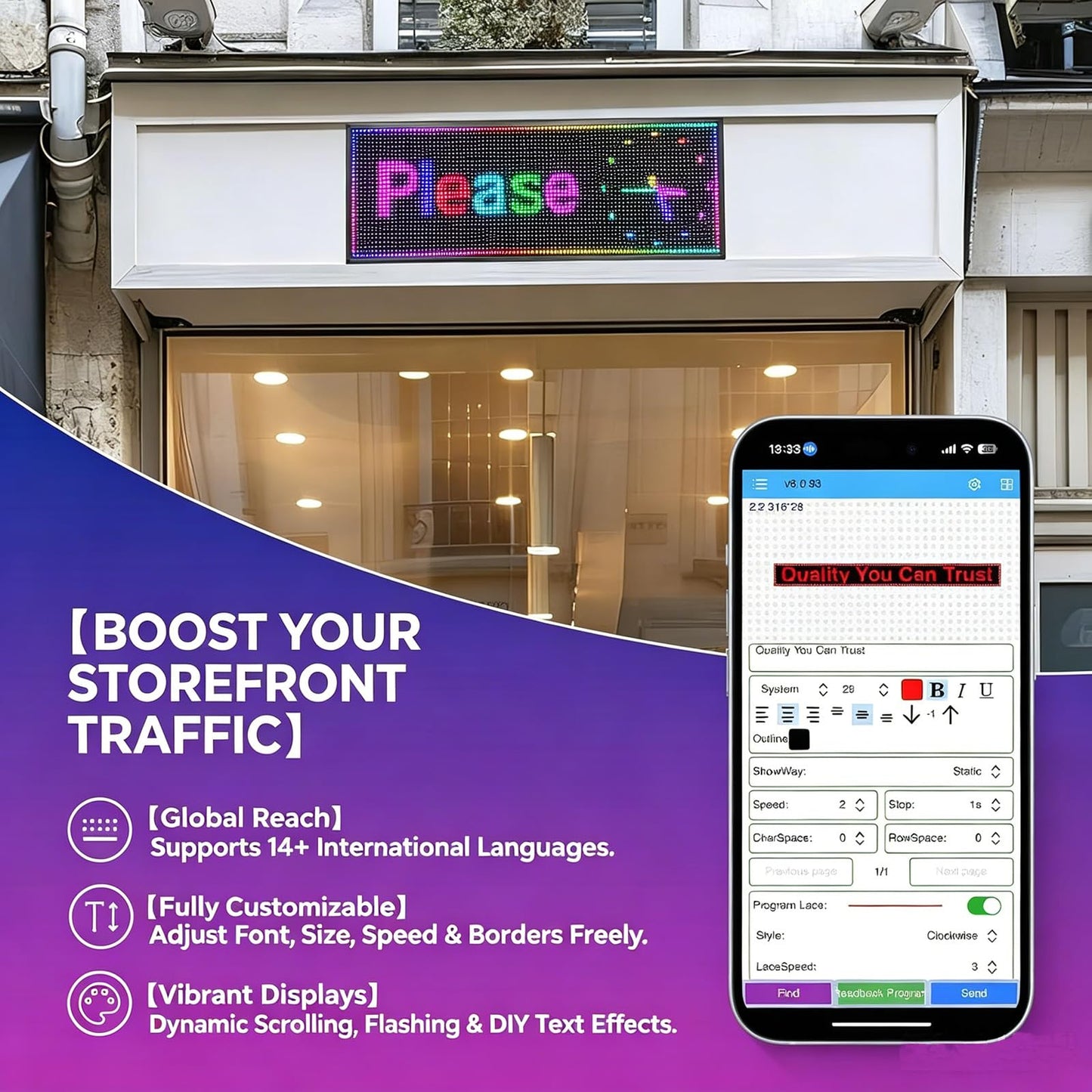 P10 Scrolling LED Sign 39x14 Inch, High Brightness Programmable Digital Message Board, Full Color WiFi Control Electronic Led Open Signs for Business Storefront, Window, Restaurant, Food Truck (Waterproof)