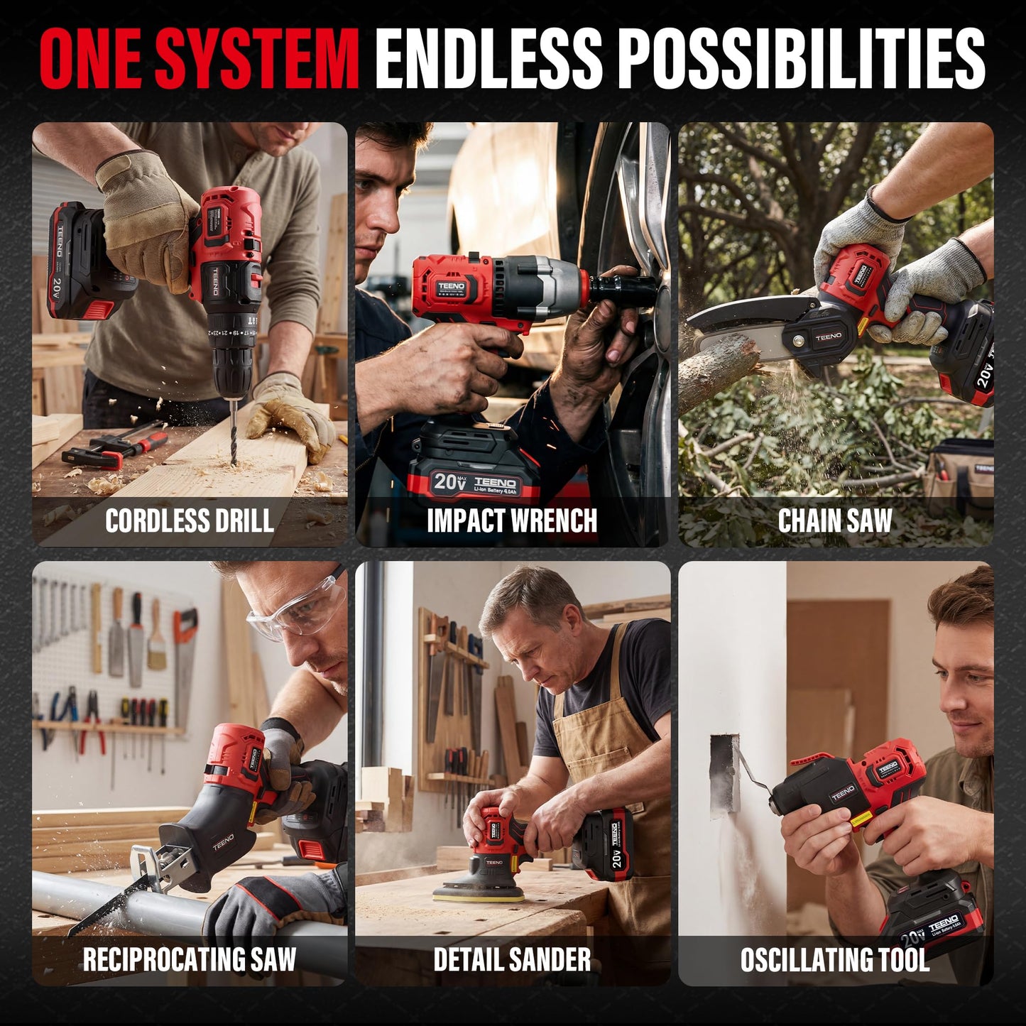 TEENO 20V MAX Brushless Power Tool Combo Kit, 9-in-1 Cordless Interchangeable Multi-Tool Set (Drill, Impact, Grinder, Sander, Circular, Chain & Reciprocating Saws, Blower, Washer), 2x 4.0Ah Batteries