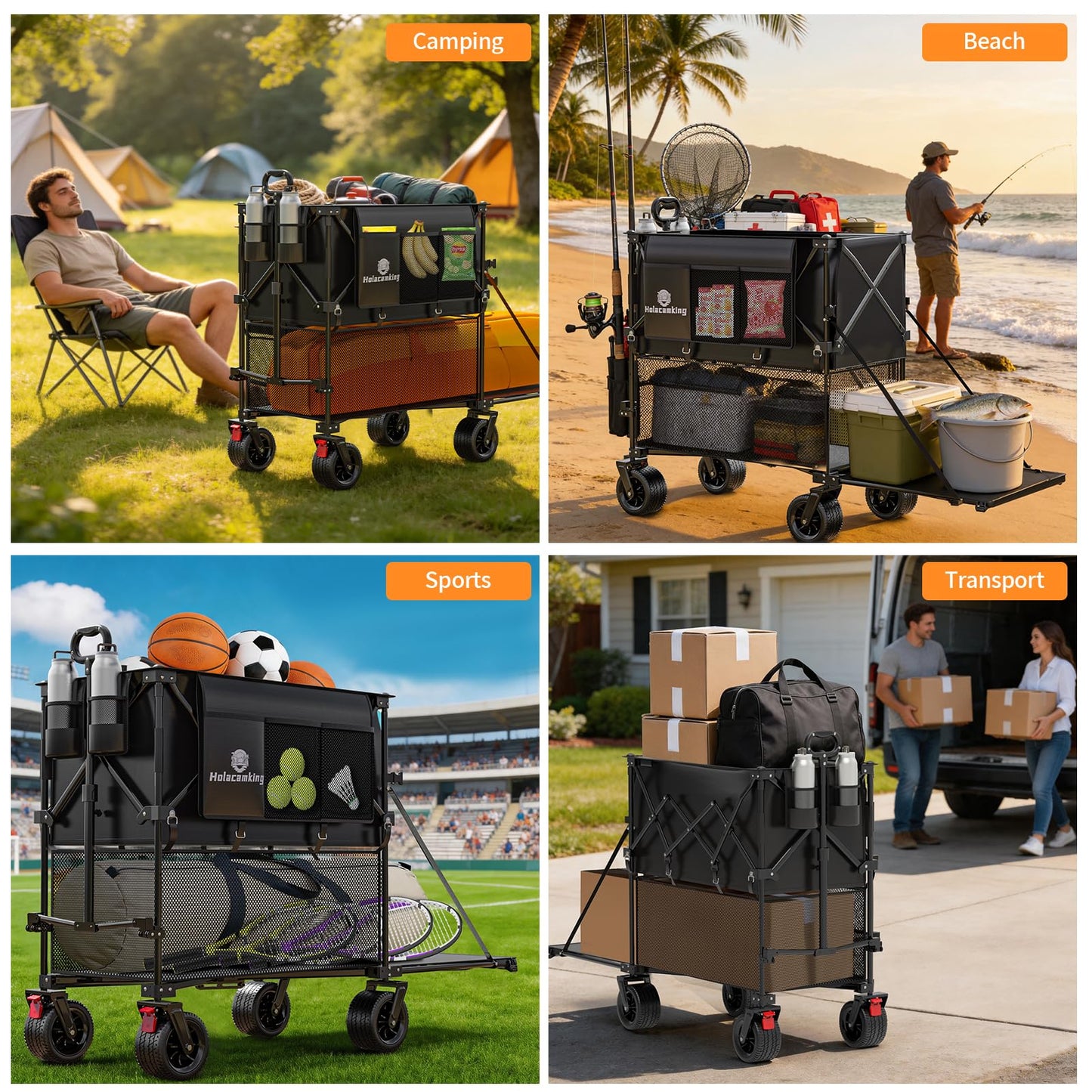 Holacamking 480L Double Decker Wagon, 58" L Extended Foldable Utility Cart with Tailgate, Big All-Terrain Wheels with Brakes, 520lbs Heavy Duty Collapsible Wagon for Camping Beach Sports Grocery Pets