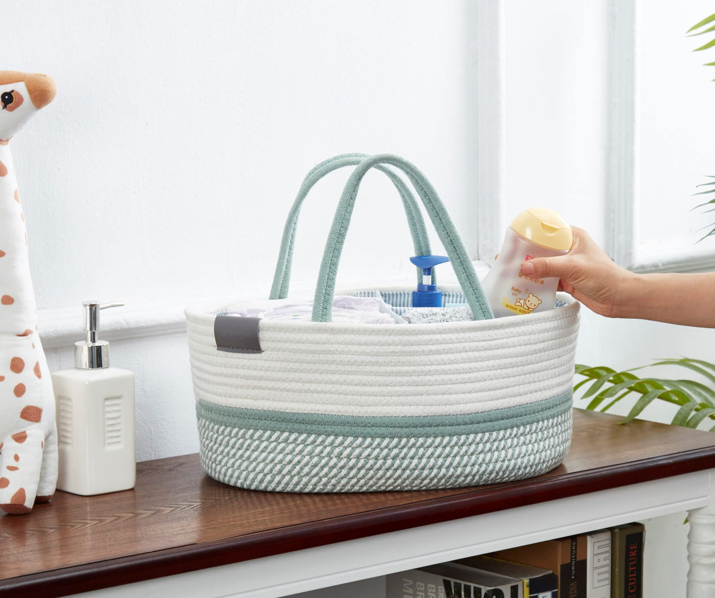DECOMOMO XL Baby Caddy Organizer, Diaper Caddy Basket, Baskets for Baby Shower Gifts (Sage Green & White, Extra Large)