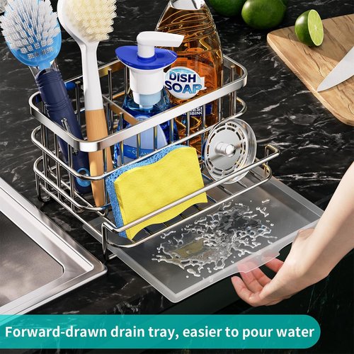 HapiRm Kitchen Sink Organizer - Rustproof SUS304 Stainless Steel Caddy with Sponge Holder | Large Silver Design