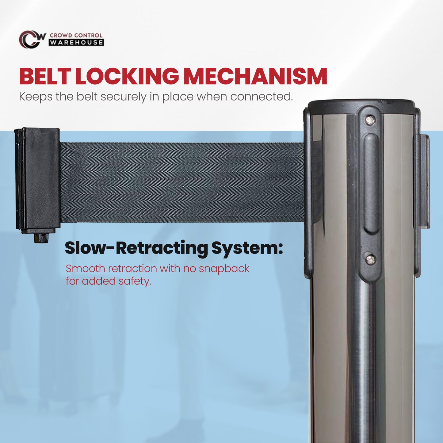 Crowd Control Warehouse Set of 2 Stanchion Retractable Belt Barriers, 11 Foot Black Belt Barrier with 40” Polished Stainless Steel Posts, Barriers with Heavy Duty Concrete Base, CCW Series RBB-100