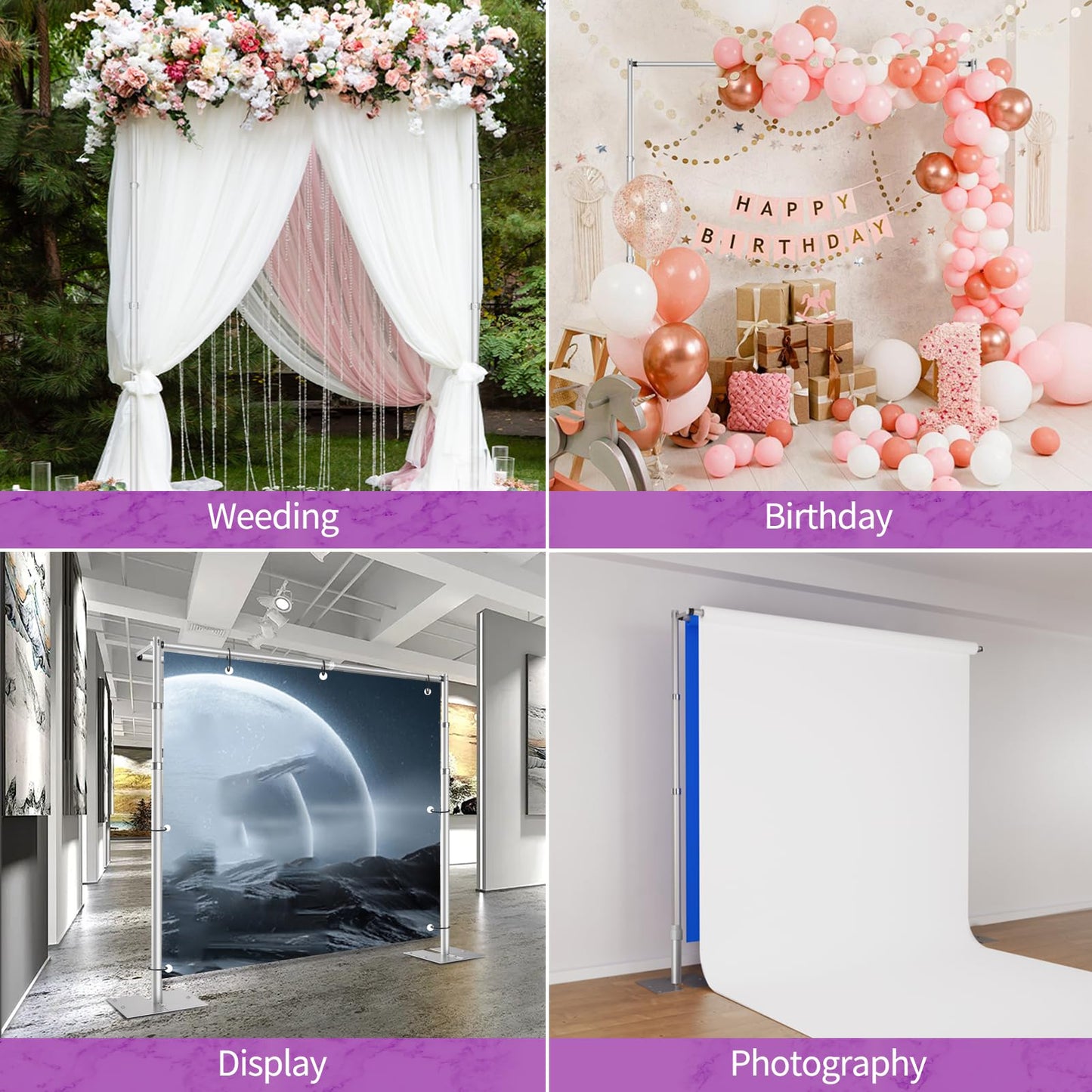 10x10ft Double Crossbar Pipe and Drape Stand Kit, Heavy Duty Backdrop Stand Adjustable, Sturdy Metal Back Drop Decoration Frame with Flat Base for Parties, Flower Wall,Wedding,Trade Shows,Photography