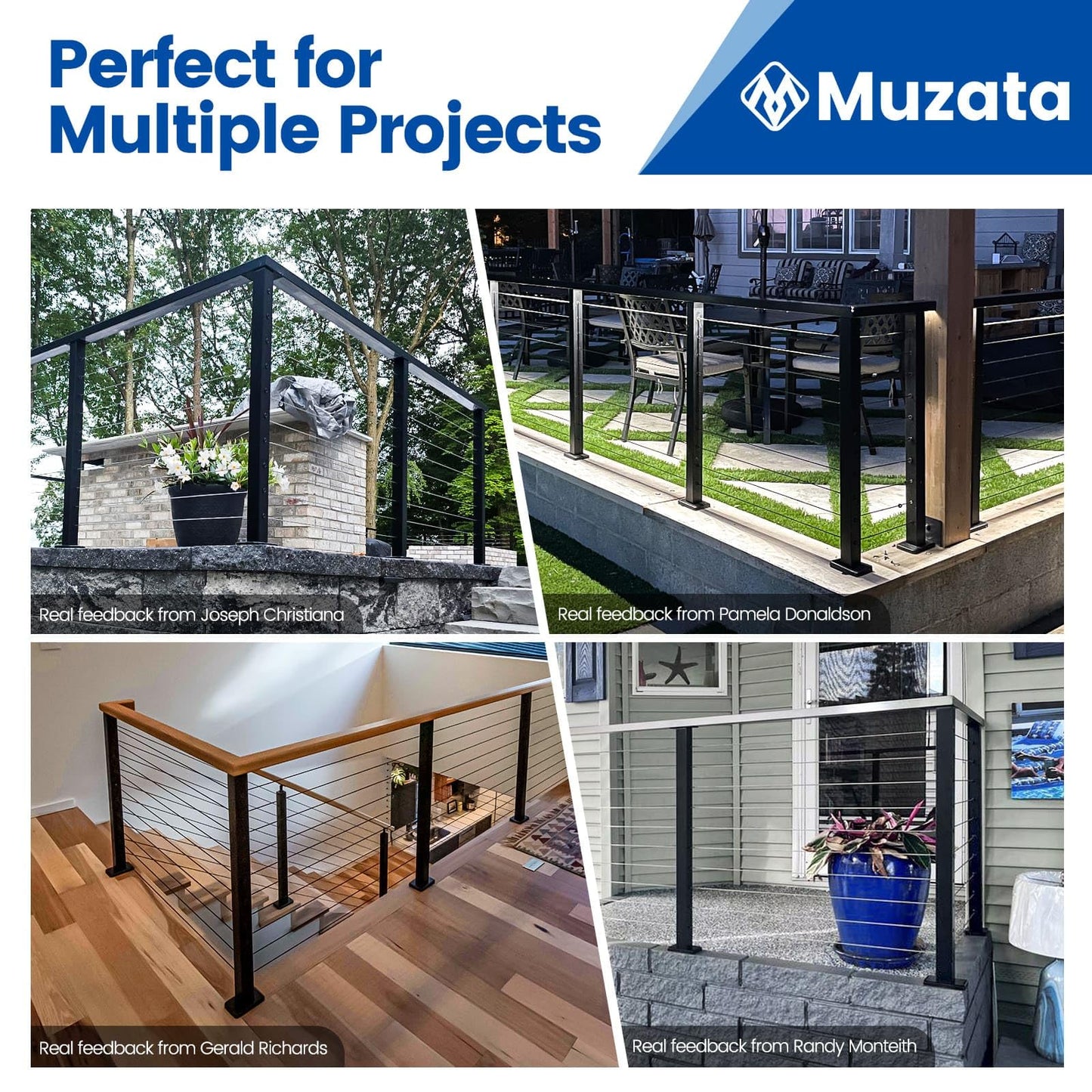 Muzata Black Corner 36 Inch Modular Cable Railing Post T-drilled One-Post Corner Solution Surface Mount Stainless Steel Cable Railing System Kit Indoor Outdoor Modular Post Kit RW39