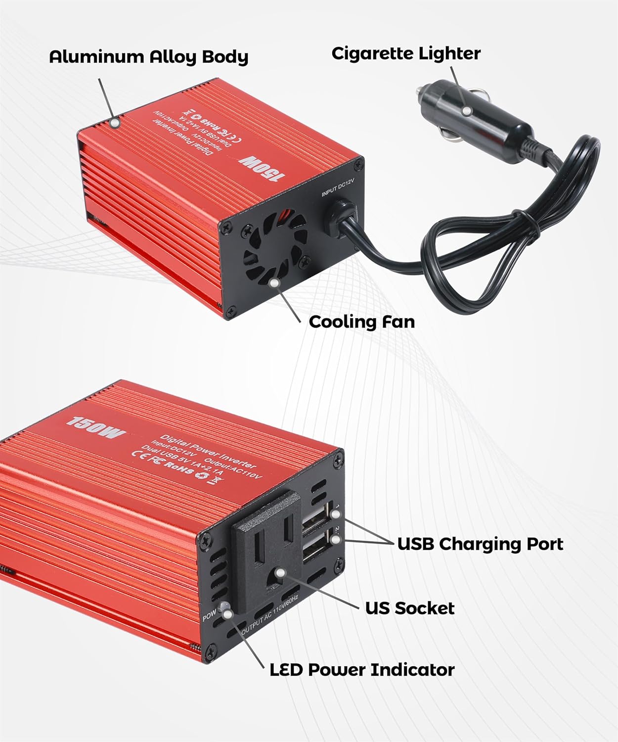 UNLRAE Accessories,150W 3.1A USB,12V 110V Power Inverters for Vehicles,Car Car Power Inverters with Dual DC to AC