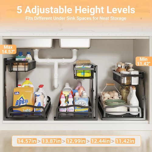 AceMining Under Sink Organizer - 2 Pack L-Shaped 2 Tier Cabinet Storage with Sliding Drawer & Adjustable Height