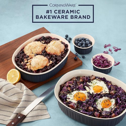 CorningWare 10-Piece Ceramic Bakeware Set - Chip & Crack Resistant | Microwave, Oven, Dishwasher Safe, French Navy