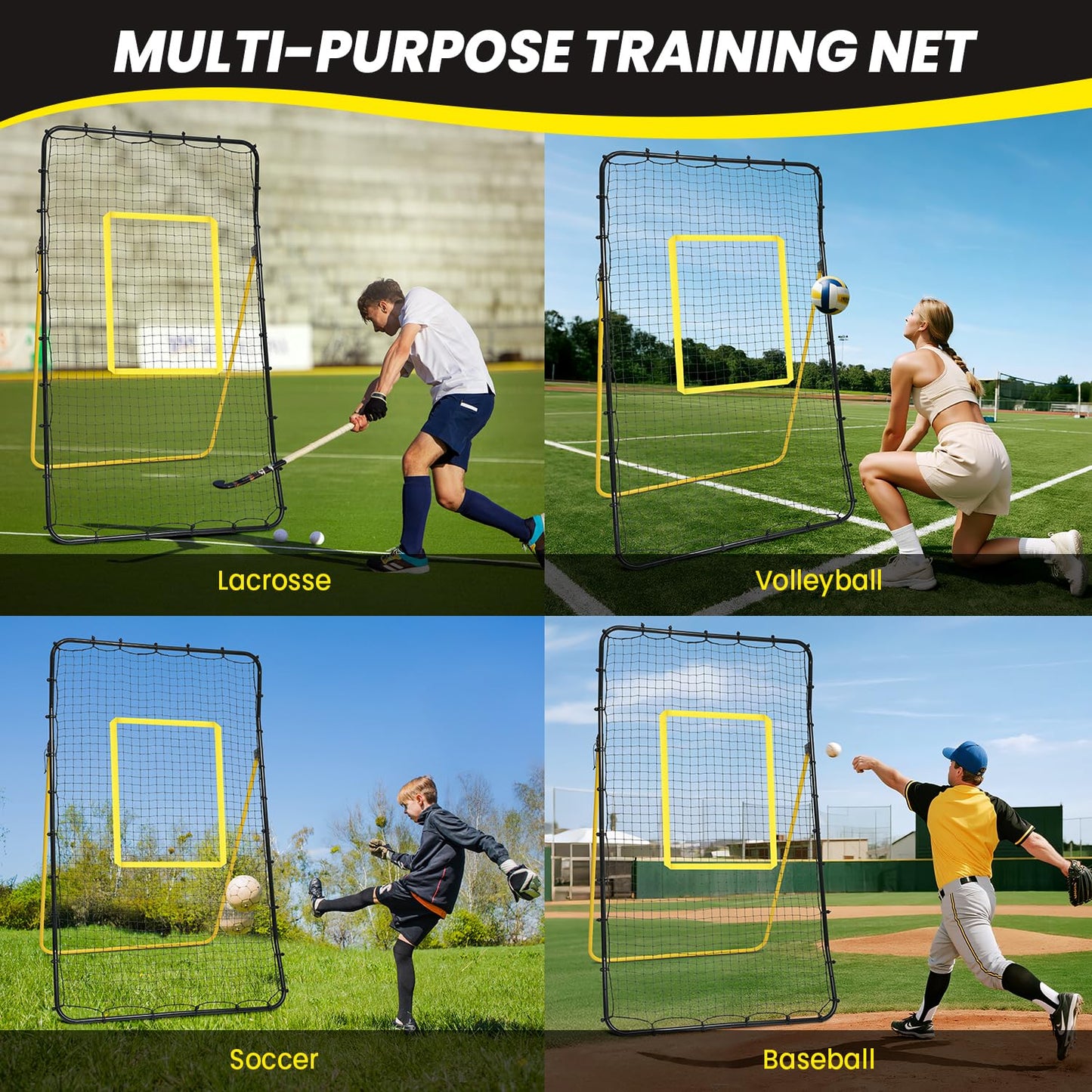 BAGAIL Volleyball Rebounder Net 7x4 Ft, Bounce Back Training Equipment with Unique Curved Frame for Better Catching, 5 Adjustable Angles for Volleying & Spiking, Easy Set Up & Sturdy Base - Yellow