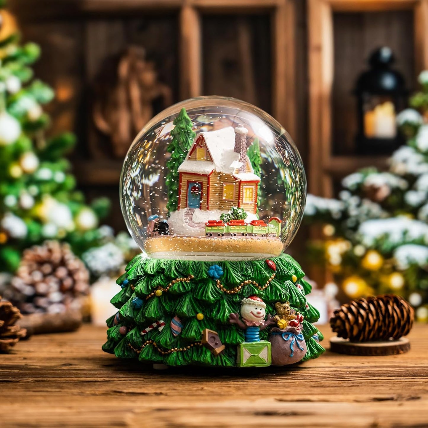 Skiennix Revolving Christmas Train Snow Globe - Color-Changing LED Music Box with 3D Tree Base