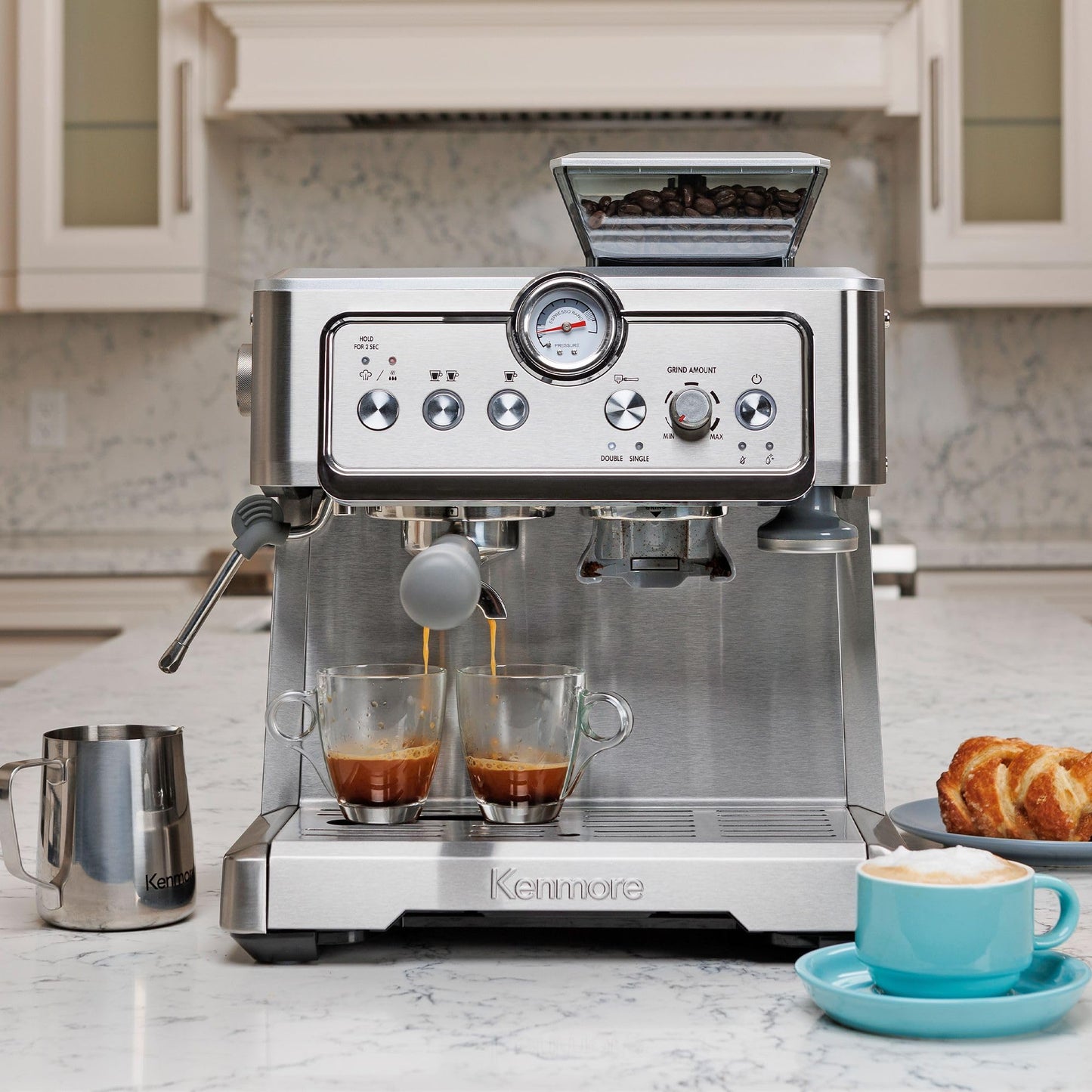 Kenmore Espresso Machine – Automatic Coffee Maker with Manual Tamper, Auto Cleaning, Milk Steamer & Frother, Bean Grinder, Brew Professional Barista Style Cappuccino, Café Latte