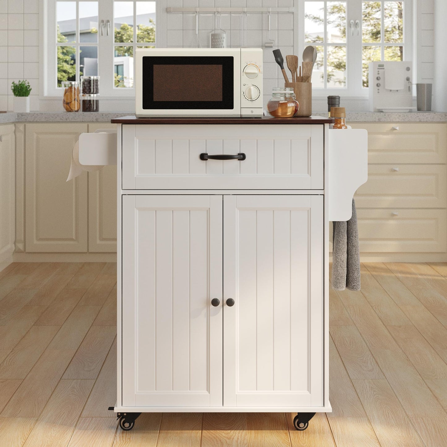 Gizoon Kitchen Island Cart with Adjustable Shelf, 33" W White Mobile Trolley Cart on Metal Wheels with Drawer & Storage Cabinet, Spice Rack & Towel Rack, for Dining Room, Bar, Retro Wooden Countertop