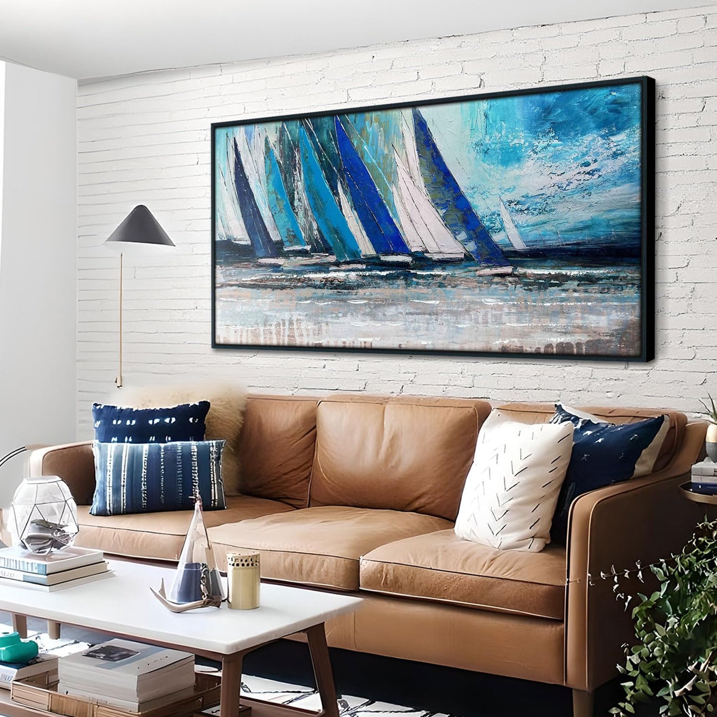 Arjun Framed Wall Art Blue Large Sailboat, Nautical Abstract Canvas Painting for Living Room 40"x20", Teal Coastal Picture Artwork Bedroom Home Office Wall Decor