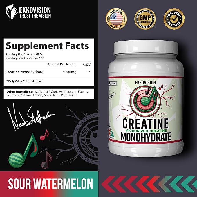 Ekkovision Creatine Monohydrate Powder, Micronized, Sour Watermelon, Pre & Post Workout Supplement for Men and Women, Energy Support, Easy to Mix in Shakes, Smoothies & Beverages, 100 Servings