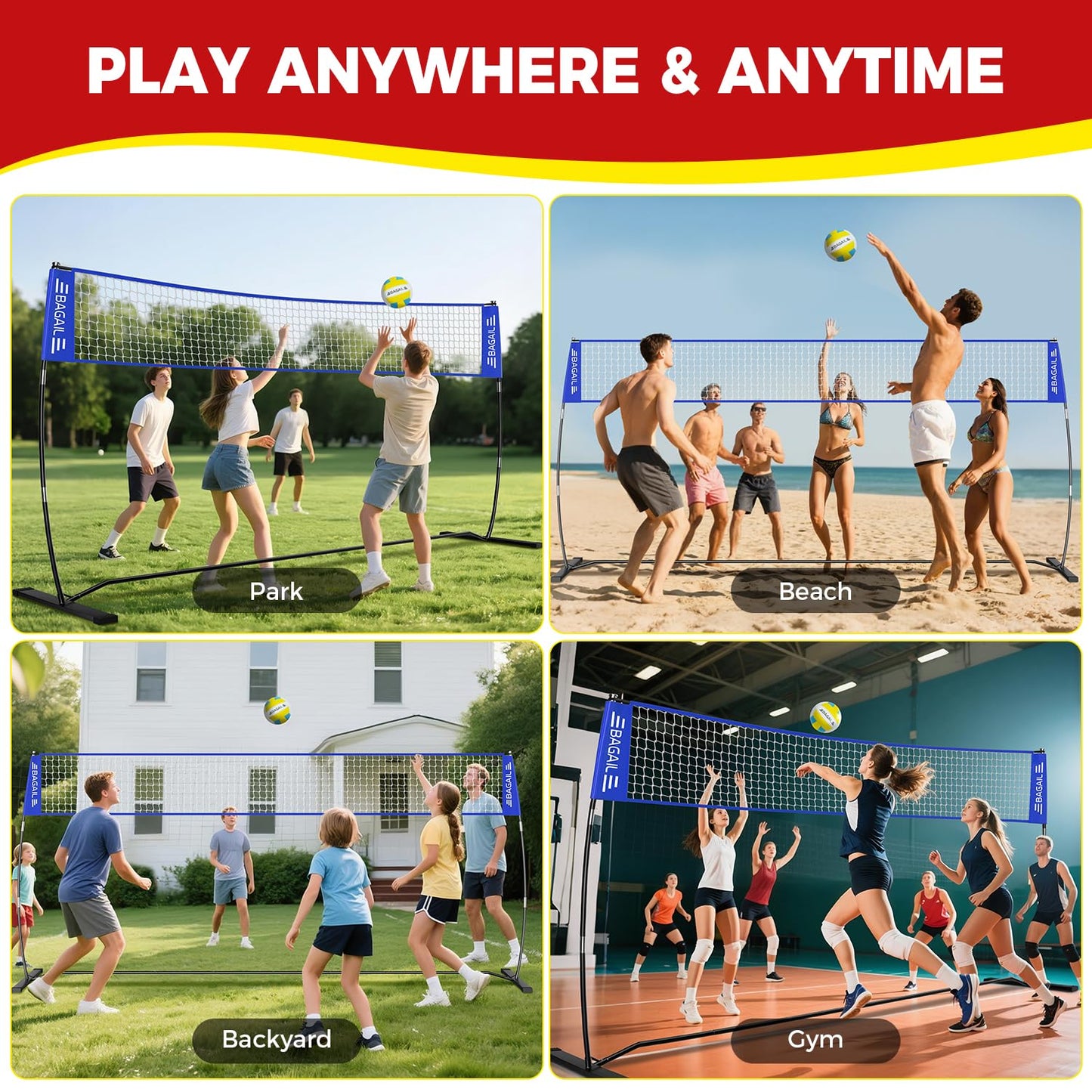 BAGAIL Volleyball Net, 12ft Portable Volleyball Net for Backyard - Adjustable Height, Heavy-Duty Frame, Freestanding Design - Portable Outdoor/Indoor Volleyball Set with Carry Bag - Blue