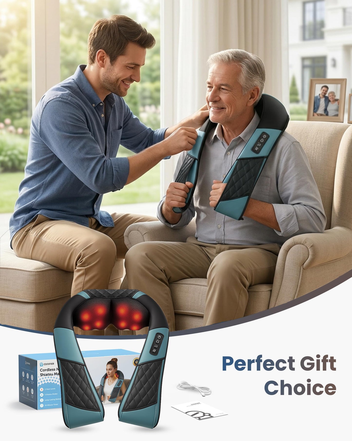 COMFIER Cordless Neck Massager with Heat, Deep Kneading 3D Shoulder Massage for Tired Muscles, FSA Eligible, Lightweight Portable for Home Travel, Father Day Gift
