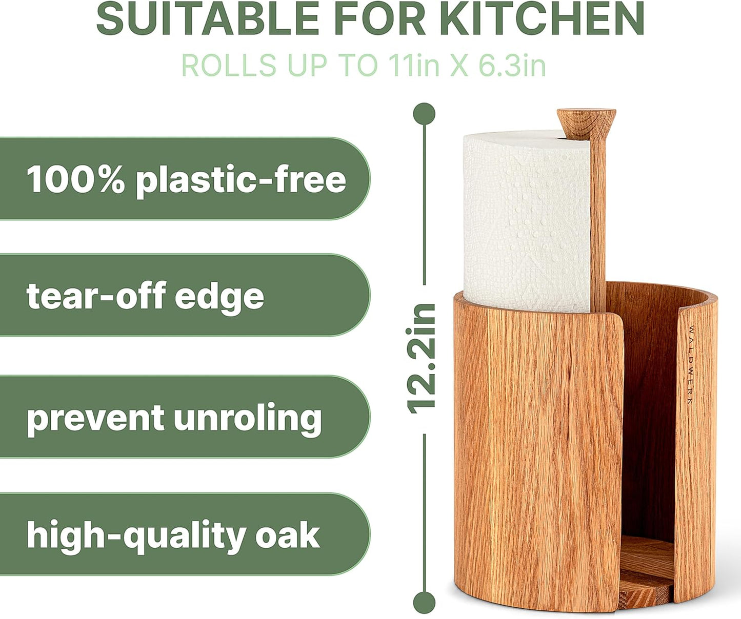 WALDWERK Oak Wood Paper Towel Holder - Stylish Kitchen Towel Stand for Standard Rolls | Countertop Design