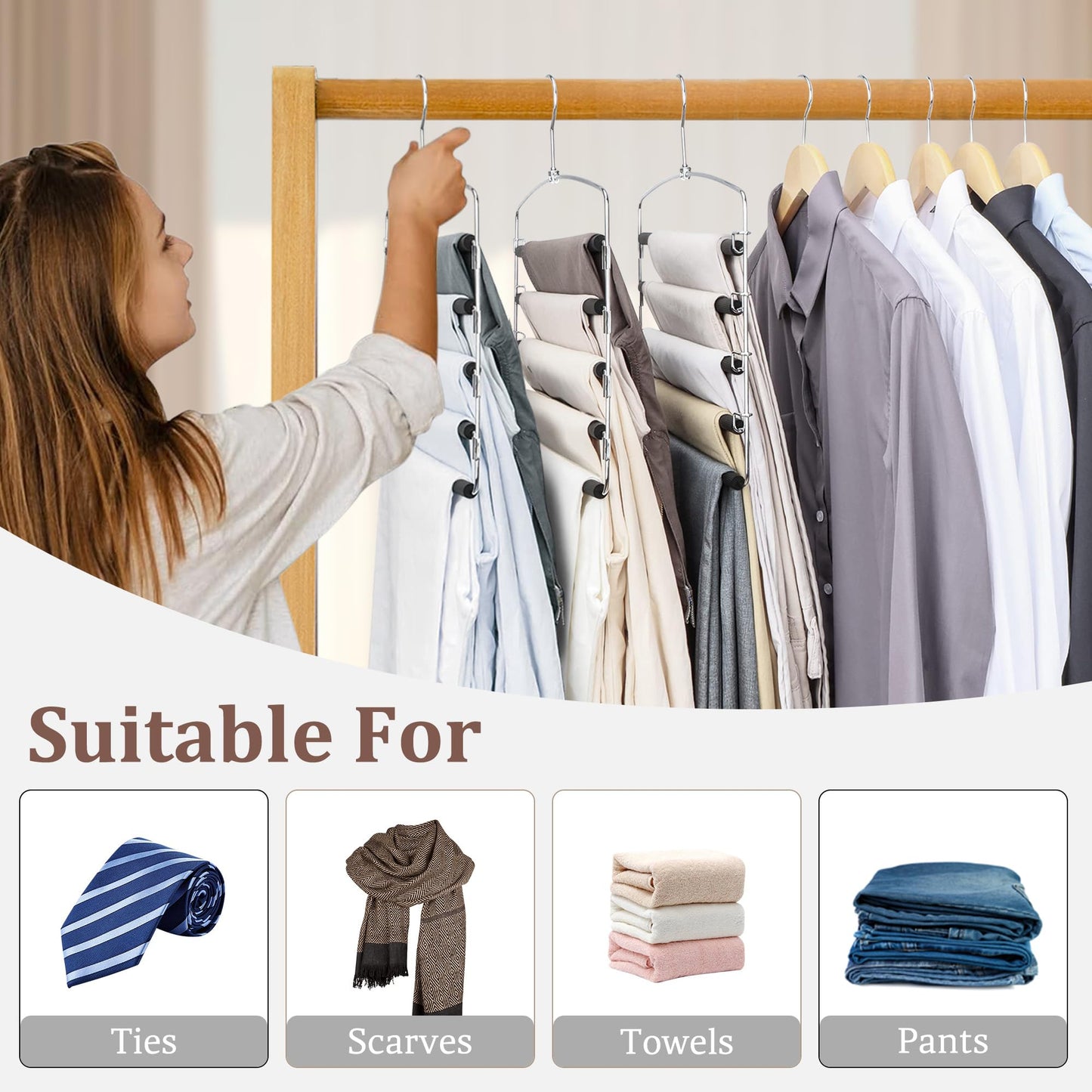 SINDAX Pants Hangers Space Saving - 6Pack, 5 Layers Space Saving Hangers, Sturdy Stainless Steel Pant Rack with Anti-Slip Swing Arm, Closet Organizers and Storage for Trousers Jeans