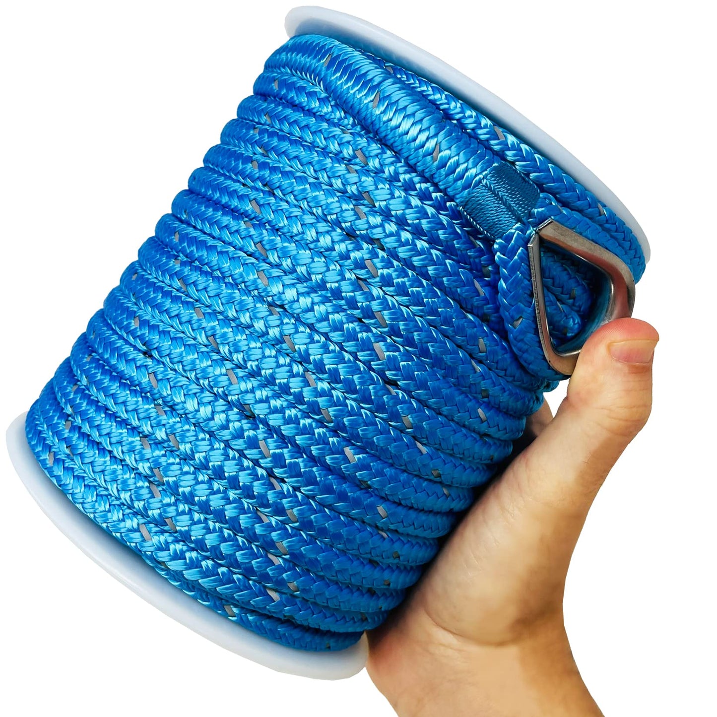 Better Boat Premium Anchor Rope, 100 Ft Double Braided White Nylon Marine Line, Reflective 3/8 Inch Reel for Anchors and Boats - Blue