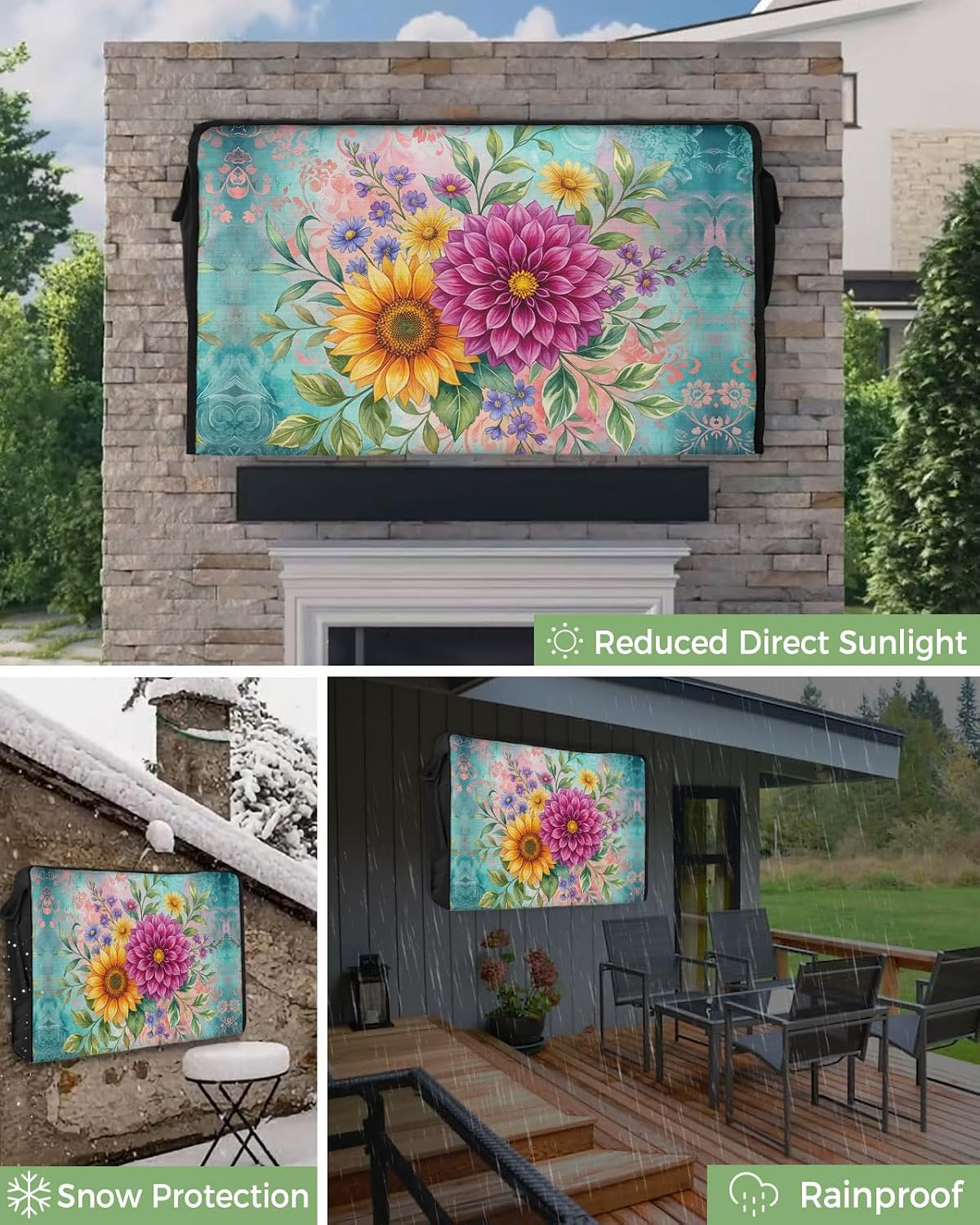 T&H XHome 40"-43" 40" Wx25 Boho Floral Outdoor TV Cover Vibrant Sunflower Dahlia Bouquet Art Waterproof