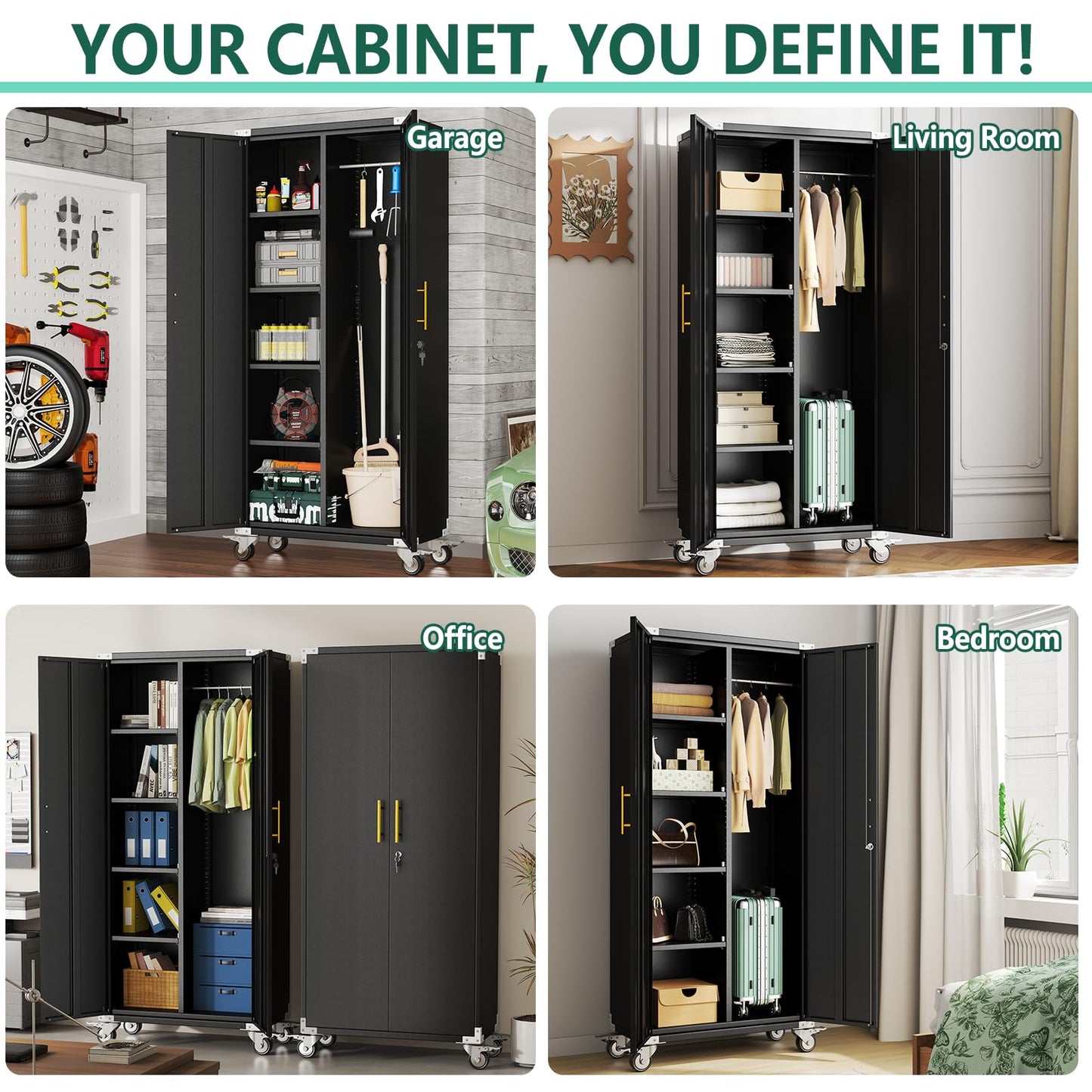 PAOFIN 71" Garage Storage Cabinet with Hanging Rod,Lockable Metal Broom Closet Storage Cabinet with 4 Adjustable Shelves for Tools,Garage Home,Office Required Assembly,Black