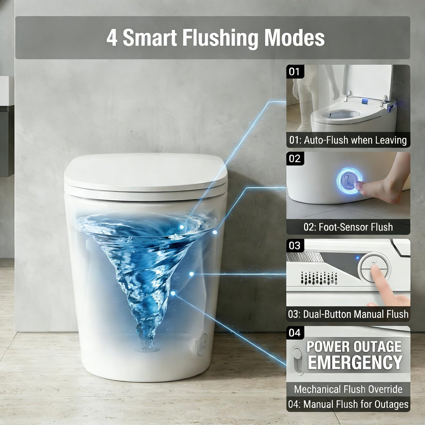 Smart Toilet with Bidet, Manual Lid, Auto Flush, Heated Seat, Instant Warm Water Wash, Feminine Wash, Foot Sensor Flush, Low Pressure Tank Pump, Black Temp Display, LED Night Light