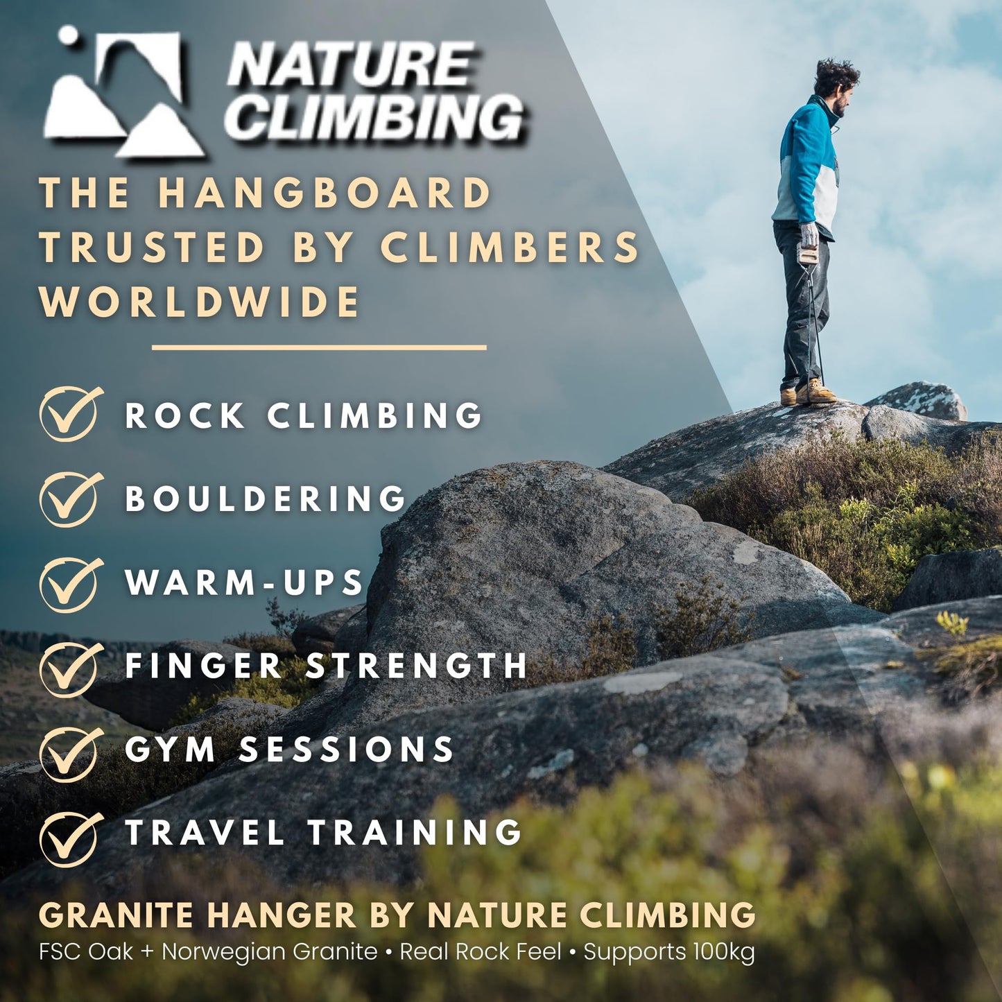 Nature Climbing Stone Hanger Portable Hangboard – Real Rock Texture, 6/10/15/20mm Edges | Finger Strength Training, Crimp & Pinch Board for Rock Climbing & Bouldering