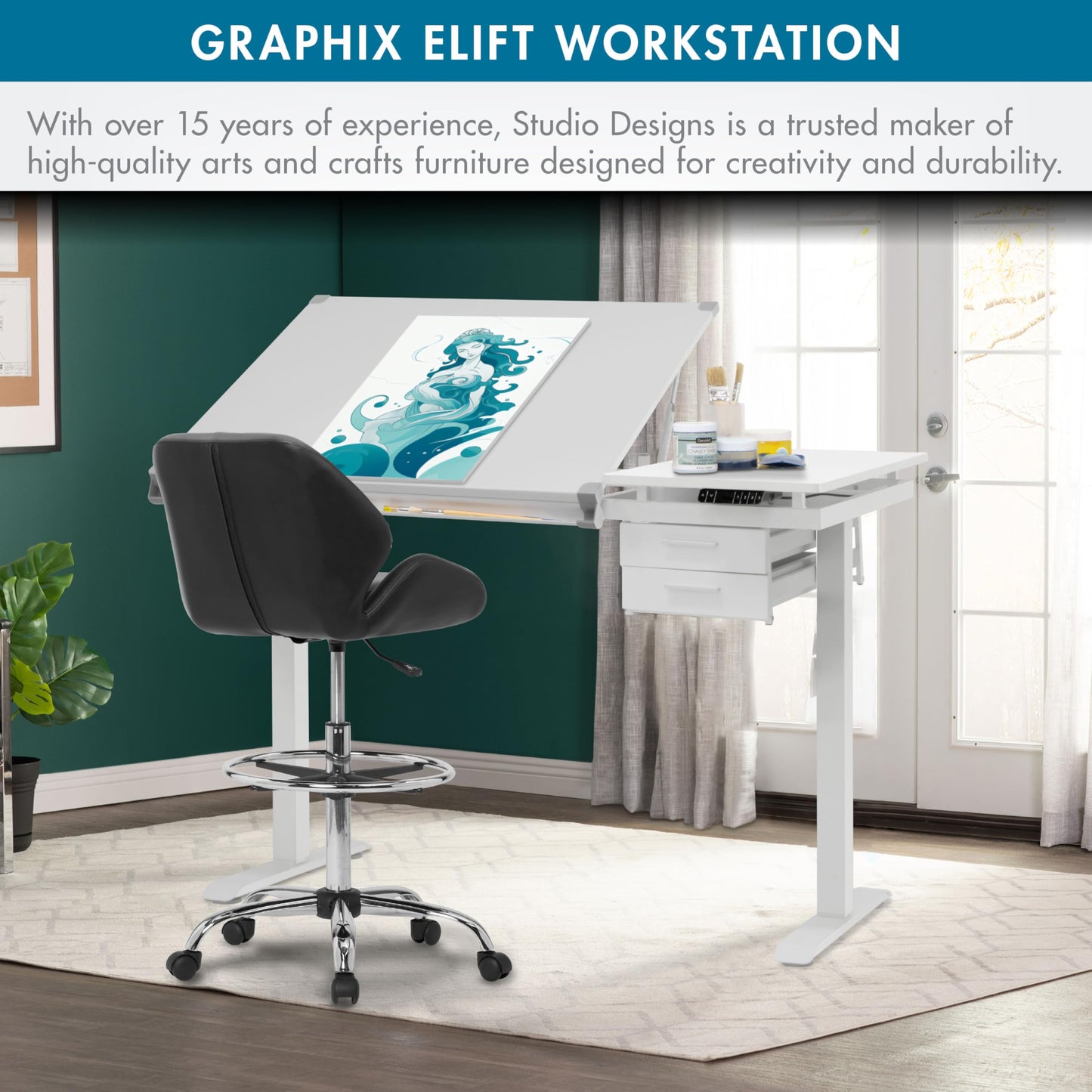 Studio Designs Graphix II, Split Top Height Adjustable Drafting, Drawing Table, eLift