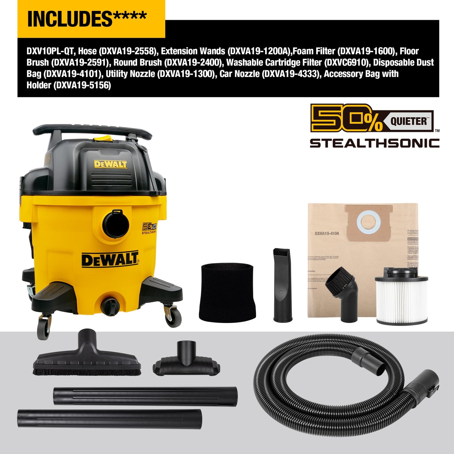 DEWALT 10 Gallon 5.0 Peak HP STEALTHSONIC Shop Vacuum Wet and Dry, Ultra Quiet Wet Dry Vac, Ideal for Jobsite, Garage, Car & Workshop, DXV10P-QT with Attachments & Powerful Suction, Portable Cleaning