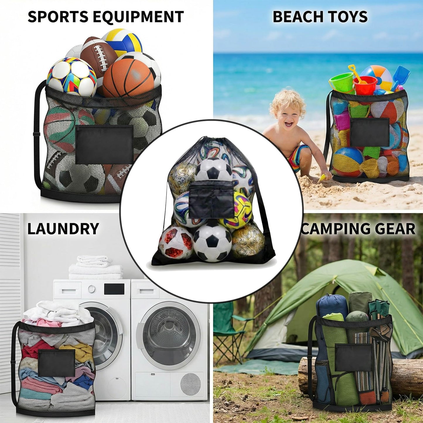 Tavirela Extra Large Mesh Ball Bag with Pocket, Holds 13 Soccer Balls, 10 Basketballs, Heavy Duty Drawstring Net Bag, Team Coaches Sports Equipment Storage Duffle Sack for Volleyball, Swimming Gear
