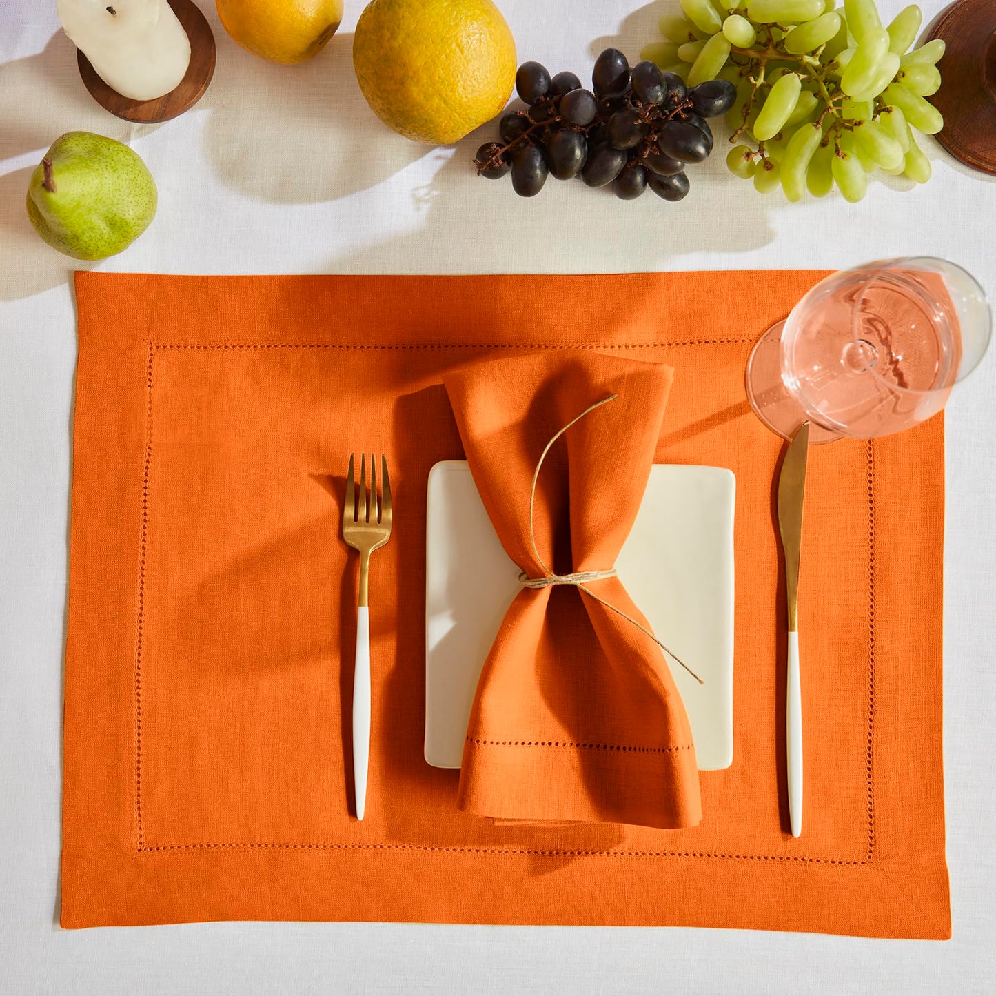 Solino Home Linen Cloth Placemats Set of 6-100% Pure Linen Hemstitch Pumpkin Placemats 14 x 19 Inch - Sonoma Hemstitch Table Place Mats
