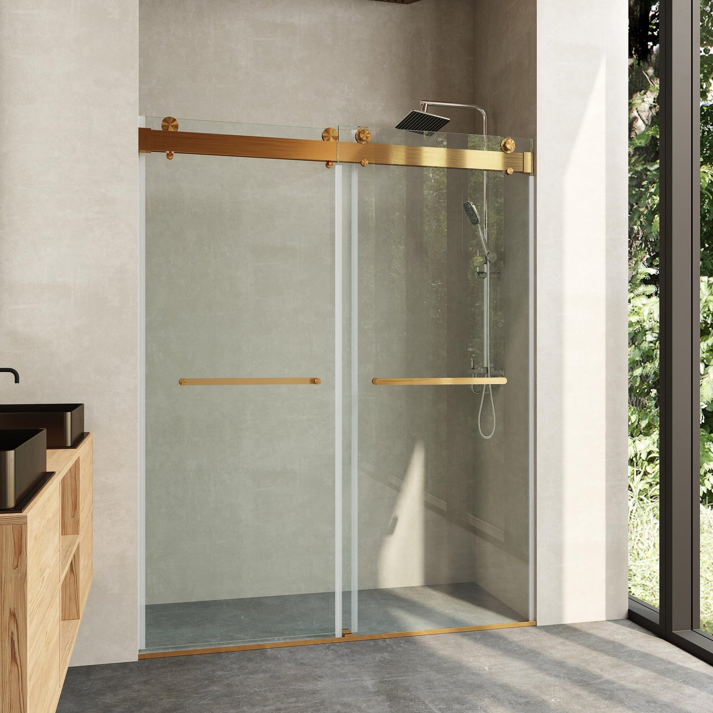 CRISSENSSI Frameless Soft Close Shower Door, 56"-60 "W, 76 "H, 3/8" (10mm) Clear Tempered Glass, Double Sliding Doors, Brushed Gold Finish.