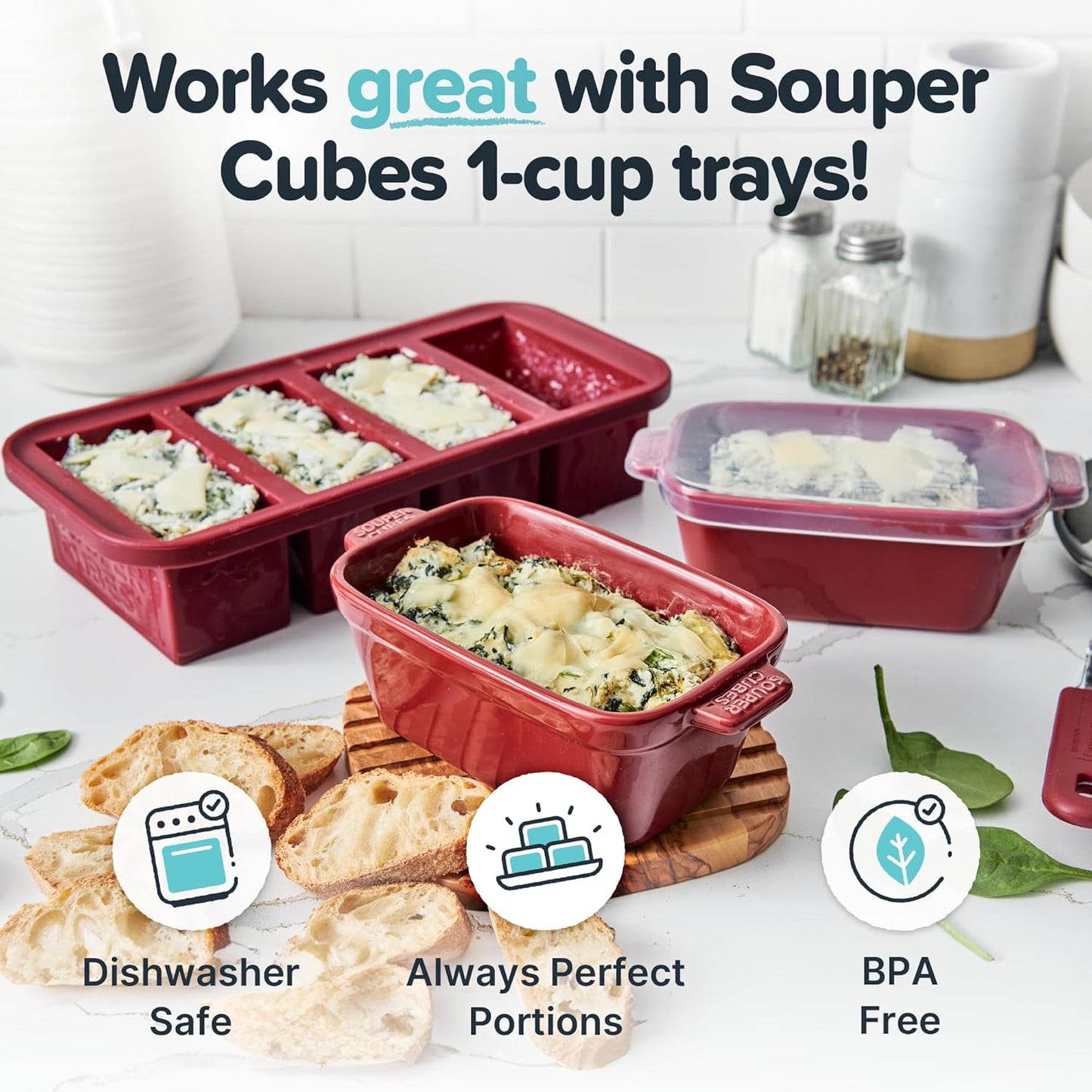 Souper Cubes Stoneware - Small 5" x 3" Ceramic Baking Dish Set with Silicone Covers | Perfect for Reheating Single Servings - Cranberry