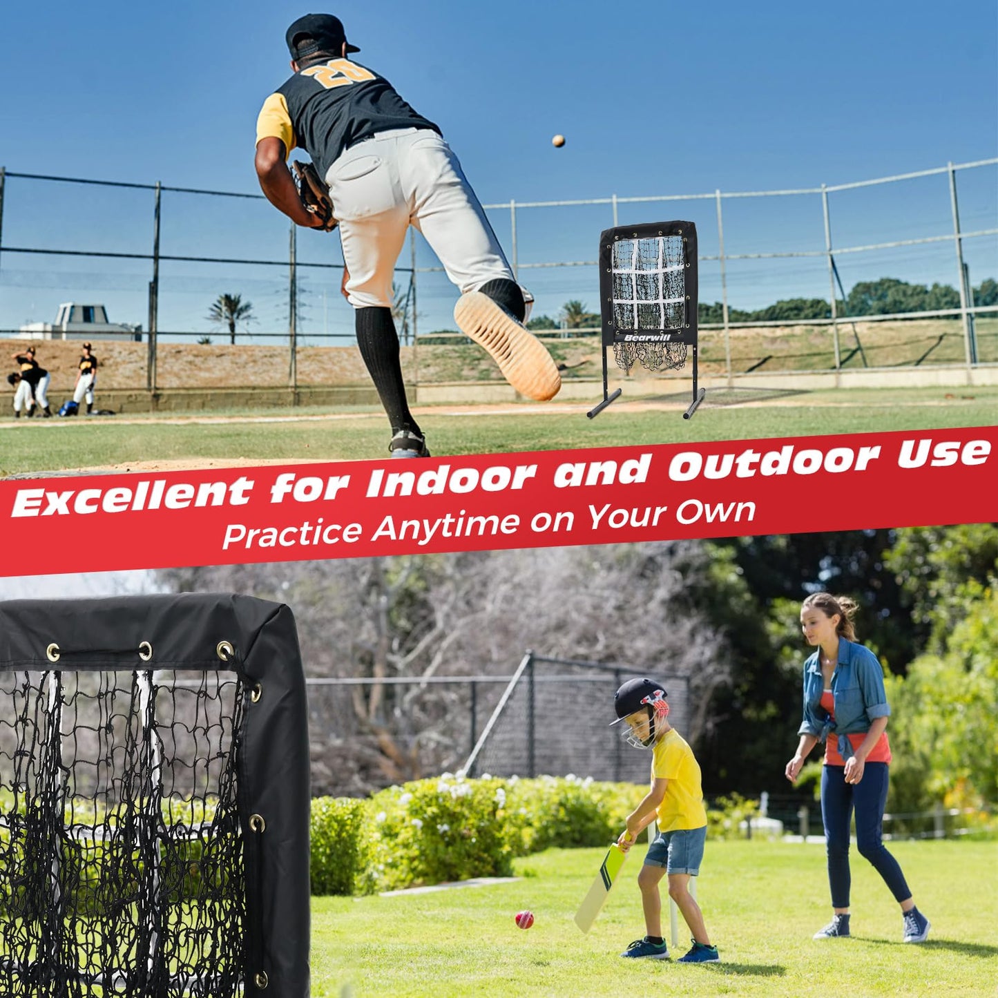 Bearwill Pitching Net, 9 Hole Pitching Net with Strike Zone, Baseball Softball Pitching Target with Adjustable Height, Baseball Pitcher Throwing Practice Training Equipment for All Skill Levels
