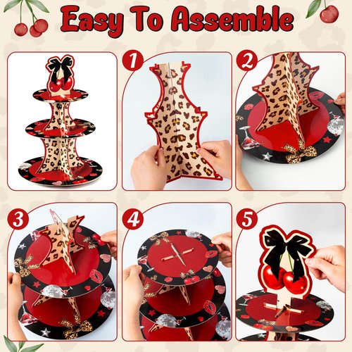 Haooryx Cheetah Cherry Cupcake Stand - 3 Tier Red Cherry Bow Leopard Print Cupcake Tower Cardboard Dessert Holder Pastry Platter for Baby Shower Girls Birthday Wedding Holiday Party Table Decoration
