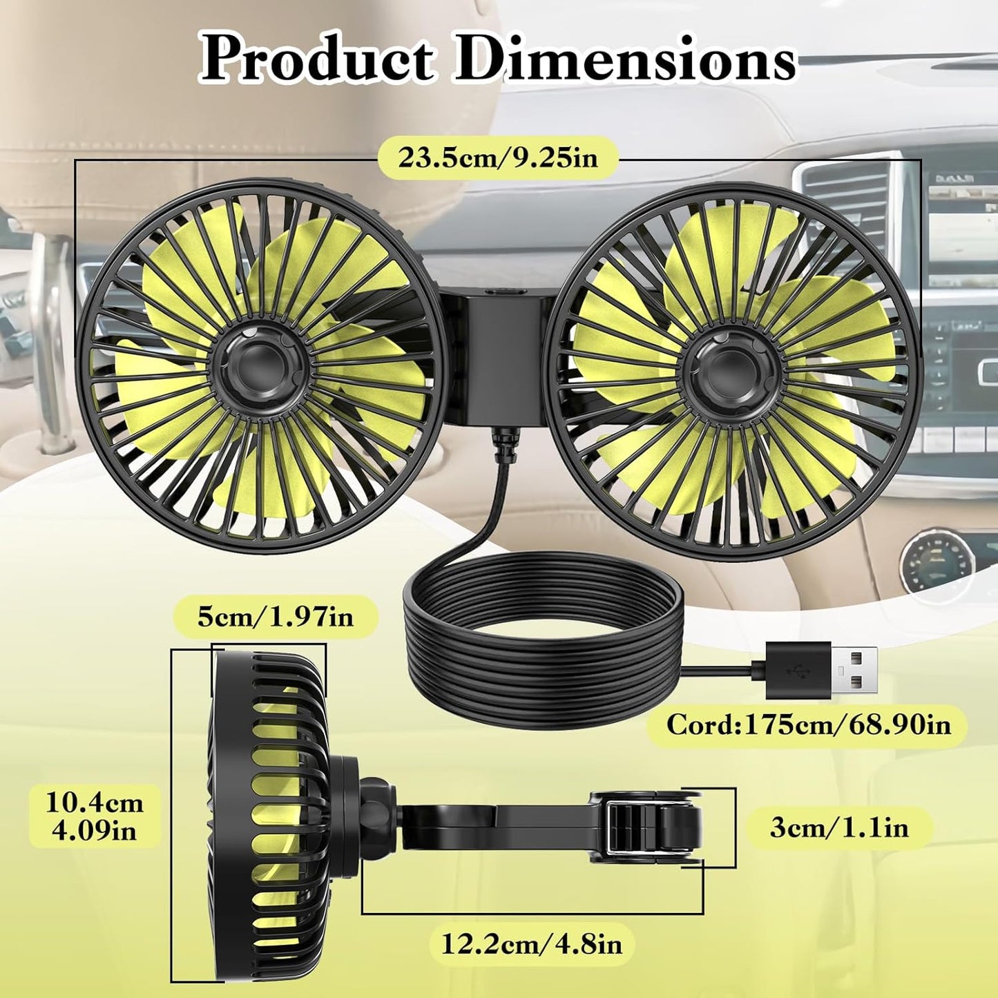 Dual Backseat Car Fan - Kid-Friendly Airflow Solution for Rear Seats