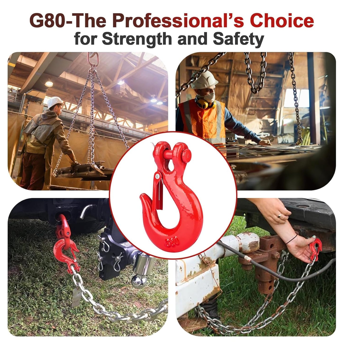 Lechansen G80 Clevis Slip Hook, 1/2" Chain Hooks with Safety Latch, Heavy-Duty Winch Hook, Grade 80 Forged 10 Pack Transport Tow Hook for Maximum Strength Load 45,240 Lbs