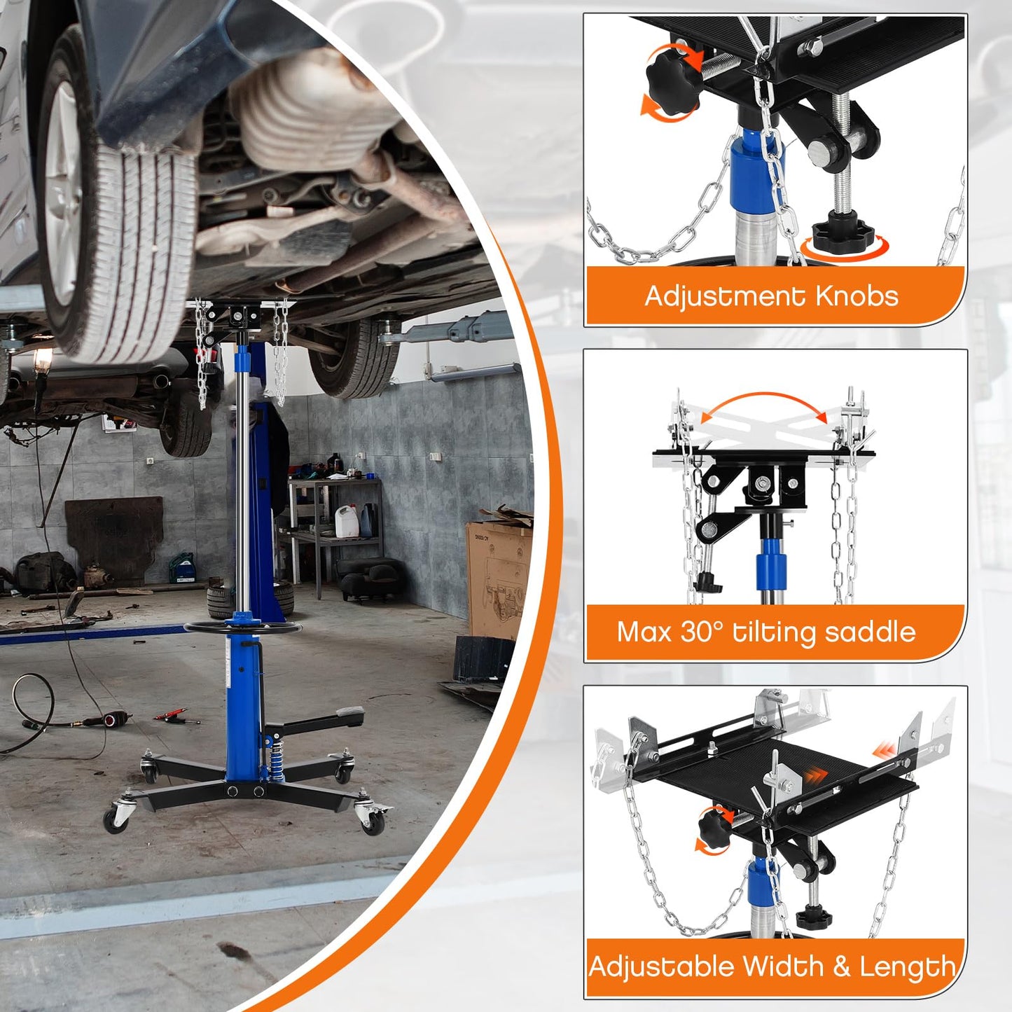 COZONY Transmission Jack, 1322lbs (3/5 Ton), 2-Stage Hydraulic Telescopic Design, Lifts 34"-68", with Foot Pedal & 360° Swivel Wheels, Ideal for Garage and Car Lifting, Blue