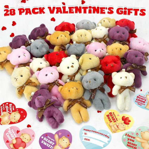 BCUEIDO 28 Pack Valentine's Day Gifts Cards with Bears Plush, Valentine's Cards for Valentines Exchange, Prize Supplies, Valentines Party Favors