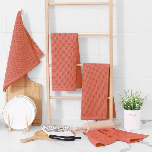 Homaxy 100% Cotton Waffle Weave Dish Towels - Ultra Soft & Absorbent, Quick Drying | 13 x 28 Inches, 8-Pack, Coral