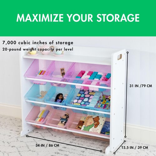 Humble Crew Toy Storage Organizer with 9 Removable Storage Bins for Kids Playroom, 3-Tier with Top Shelf Toddler Toy Organization and Storage, White/Purple/Pink/Blue