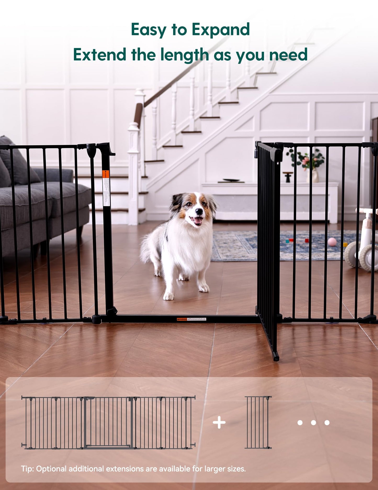 Babelio 72" Extra Wide Baby Gate, 30” Tall Auto Close Dog Fence for Stairs Kitchen Doorways Fireplace, Hardware Mounted Pet Gate Indoor, Foldable 3 Metal Panels, AdaptiZone Series, Black