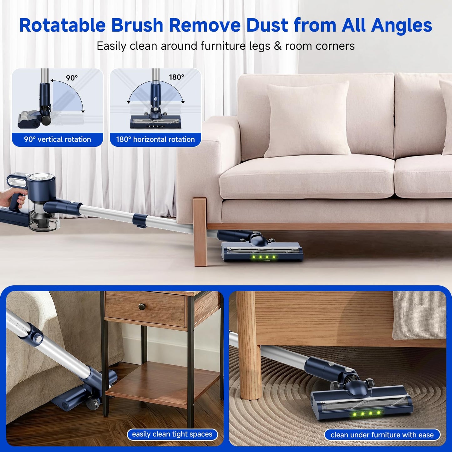 Cordless Vacuum Cleaner: 30KPA Powerful Suction Stick Vacuum, Anti-Tangle Brush for Pet Hair, Portable 6-in-1 Rechargeable Vacuum, Green LED Light, Ideal for Low-Pile Carpet & Hard Floors-Dark Blue