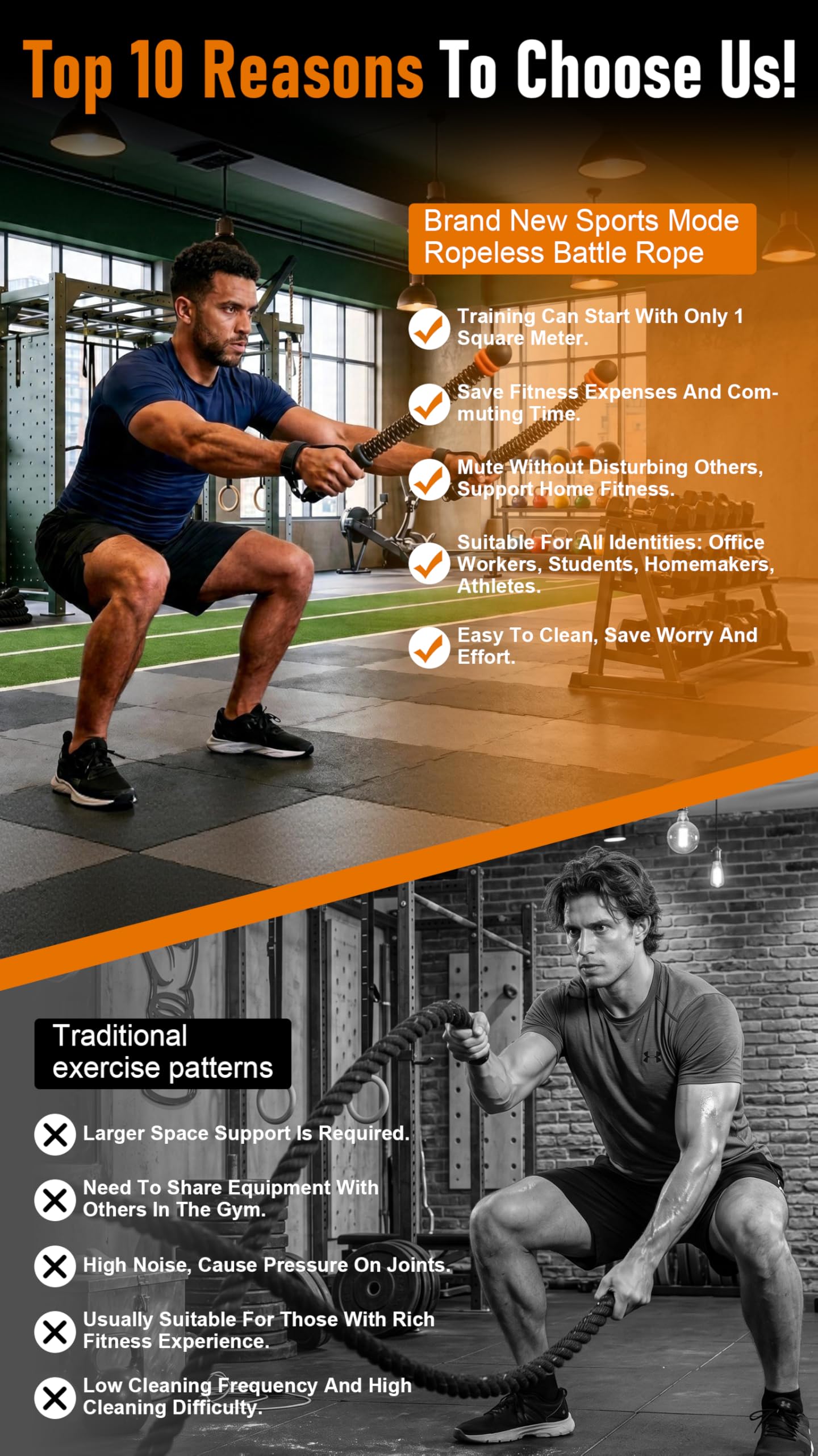 Ropeless Battle Ropes with Weighted Springs, Portable Weighted Home Fitness Training Tool for Low-Impact Exercise, HIIT & Strength Building, Suitable for Men and Women (Orange-Black)